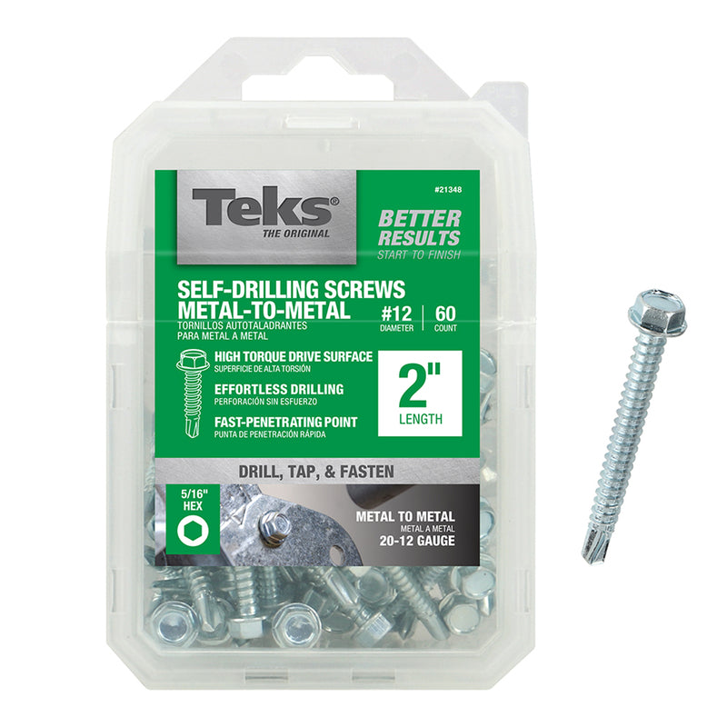 Teks No. 12 X 2 in. L Hex Washer Head Sheet Metal Screws 60 pk