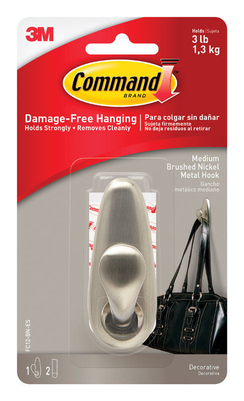 3M Command 3-1/4 in. L Brushed Nickel Metal Medium Hook 3 lb. cap. 1 pk