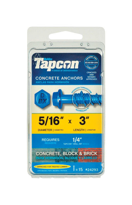 Tapcon 5/16 in. D X 3 in. L Steel Hex Head Concrete Screw Anchor 15 pk