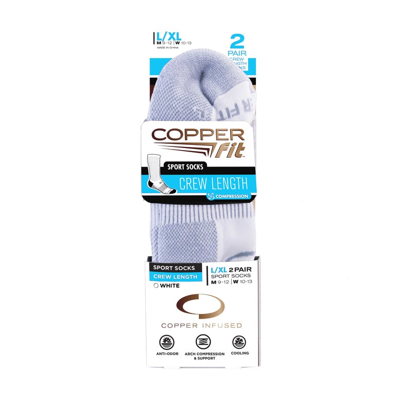 Copper Fit Unisex L/XL Crew Socks White