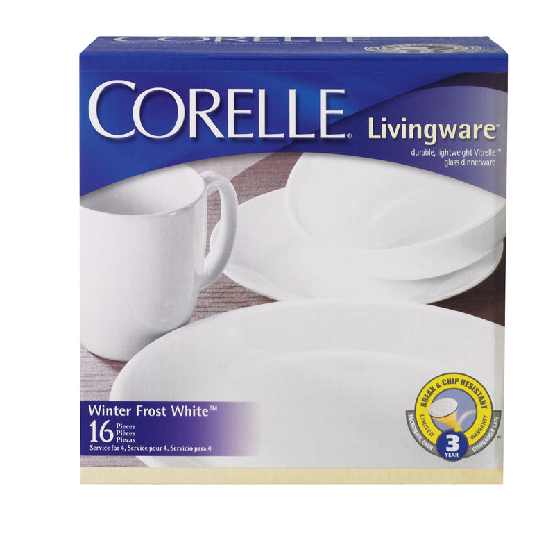 Corelle White Glass Winter Frost White Dinnerware Set Assortment in. D 16 pc