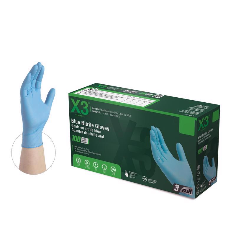 X3 Nitrile Disposable Gloves Medium Blue Powder Free 100 pk