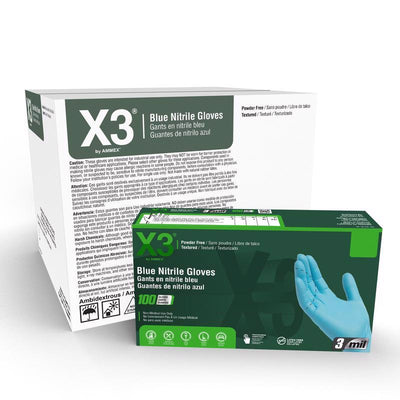 X3 Nitrile Disposable Gloves X-Large Blue Powder Free 100 pk