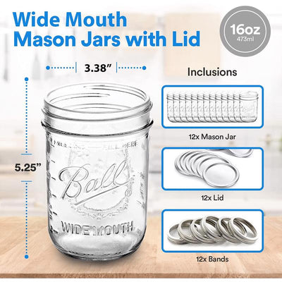 Ball Wide Mouth Mason Jar 16 oz 12 pk