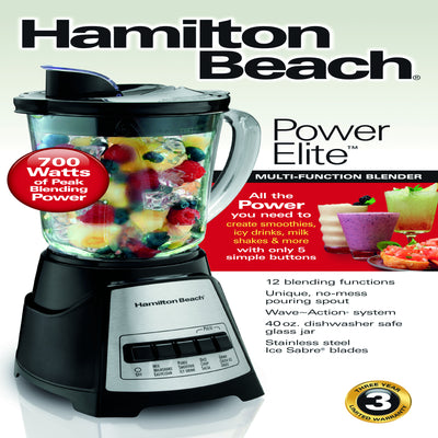 Hamilton Beach Power Elite Black/Silver Metal/Plastic Blender 40 oz 12 speed