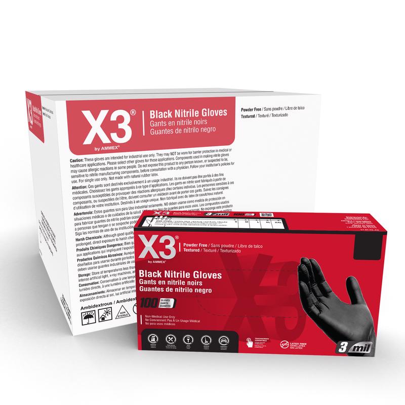 X3 Nitrile Disposable Gloves Large Black Powder Free 100 pk