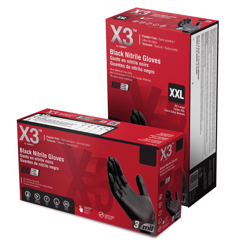 X3 Nitrile Disposable Gloves Medium Black Powder Free 100 pk