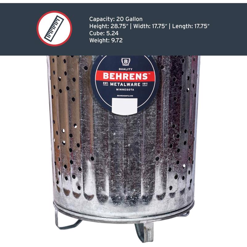 Behrens 20 gal Silver Galvanized Steel Trash Burner Can Lid Included Animal Proof/Animal Resistant