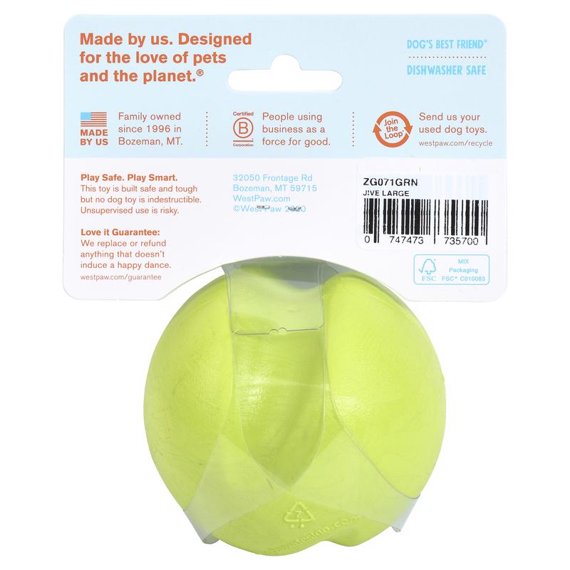 West Paw Zogoflex Green Plastic Jive Ball Dog Toy Large 1 pk
