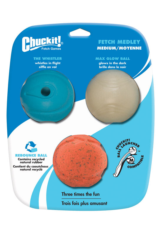 Chuckit! Assorted Rubber Glow, Whistler and Rebounce Bounce Ball Medium 3 pk