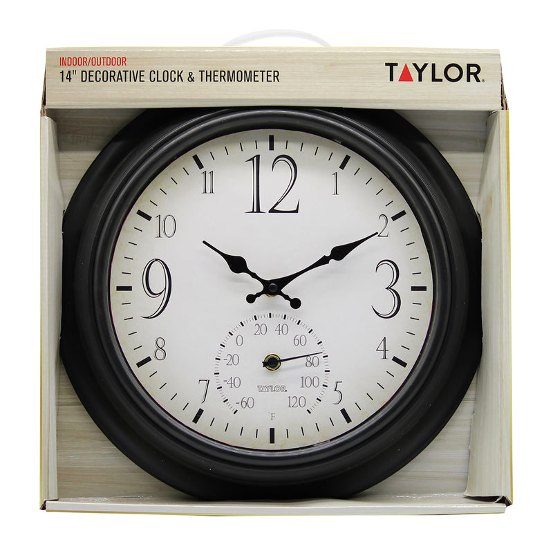 Taylor Decorative Clock/Thermometer Plastic Black 14 in.