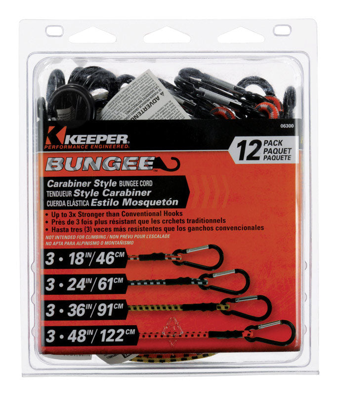 Keeper Assorted Carabiner Style Bungee Cord 0.315 in. 12 pk