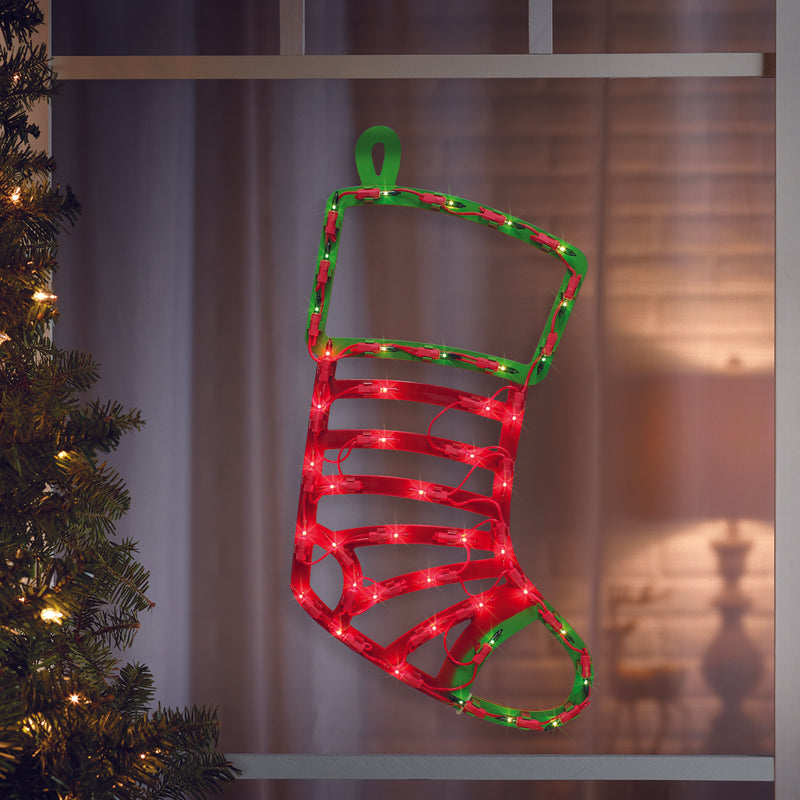 IG Design Green/Red Lit Stocking Silhouette Indoor Christmas Decor 16 in.