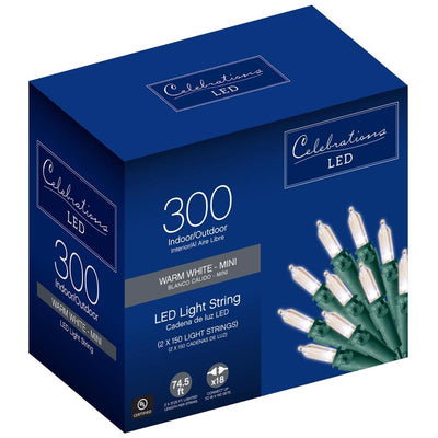 Celebrations LED Mini Warm White 300 ct String Christmas Lights 74.5 ft. (4 pk)