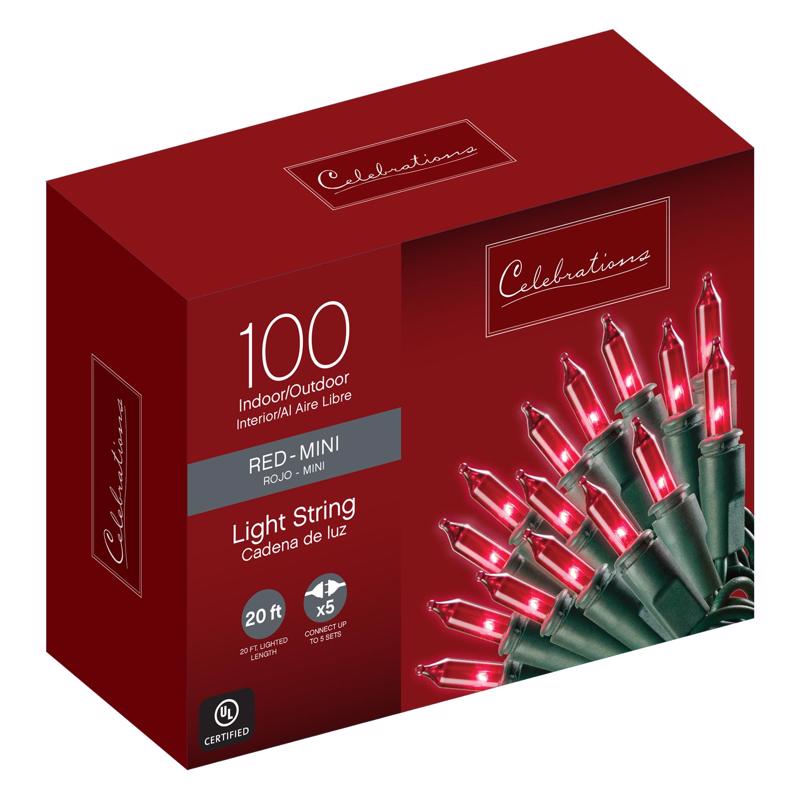 Celebrations Incandescent Mini Red 100 ct String Christmas Lights 20 ft.