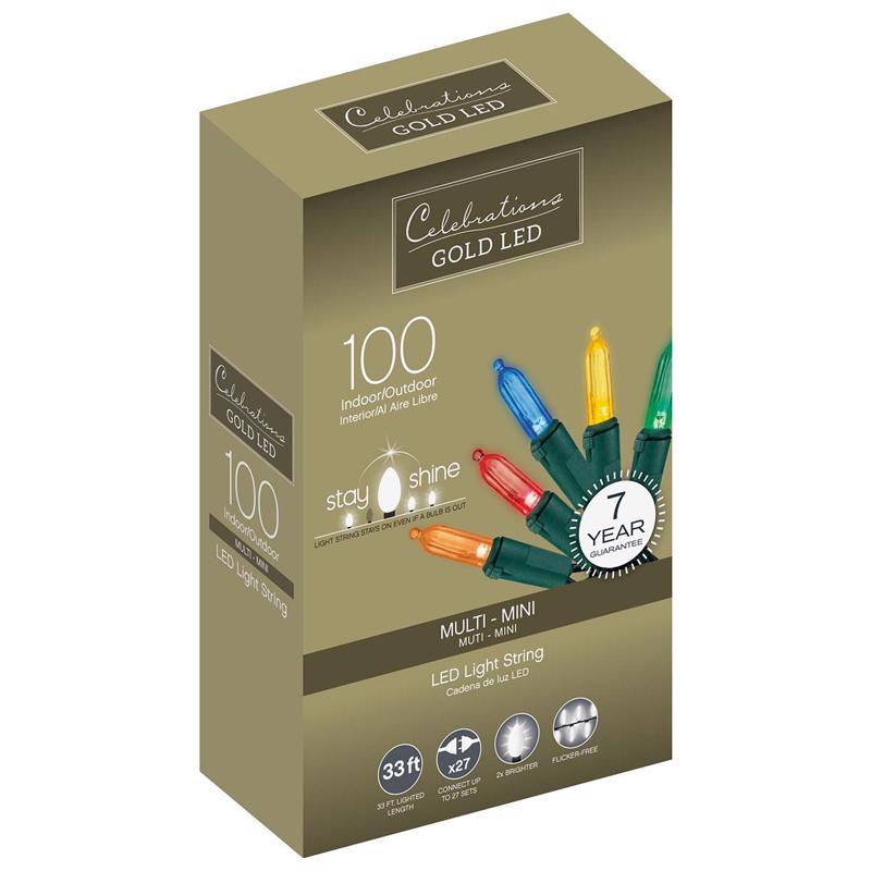Celebrations Gold LED Mini Warm White 100 ct String Christmas Lights 33 ft. Celebrations Gold LED Mini Multicolored 100 ct String Christmas Lights 33 ft. 