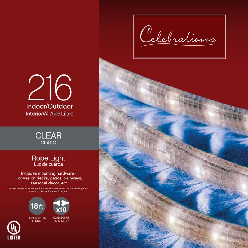 Celebrations Incandescent Mini Red 216 ct Rope Christmas Lights 18 ft. Celebrations Incandescent Mini Clear/Warm White 216 ct Rope Christmas Lights 18 ft. 