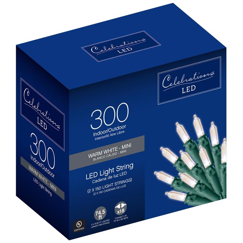 Celebrations LED Mini Warm White 300 ct String Christmas Lights 74.5 ft. 