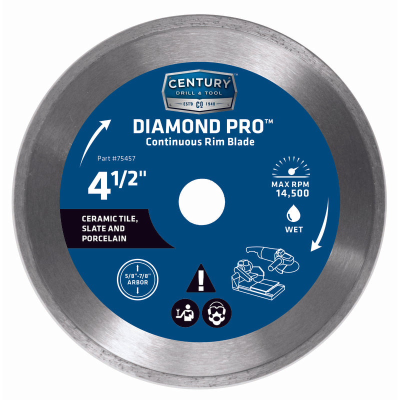 Century Drill & Tool 4-1/2 in. D X 5/8 and 7/8 in. Diamond Segmented Rim Blade 1 pk Century Drill & Tool 4-1/2 in. D Diamond Turbo Diamond Saw Blade Century Drill & Tool Diamond Pro 4-1/2 in. D X 7/8 in. Diamond Continuous Rim Diamond Saw Blade 1 pk 