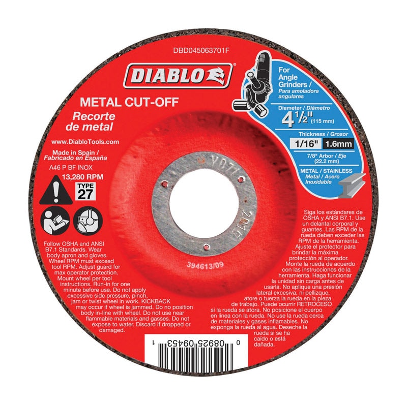 Diablo 4-1/2 in. D X 7/8 in. Aluminum Oxide Metal Cut-Off Disc 10 pk 