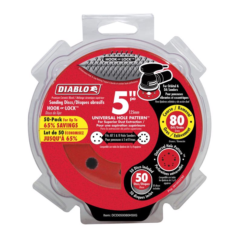 Diablo 5 in. Ceramic Blend Hook and Lock Sanding Disc 60 Grit Coarse 50 pk Diablo 5 in. Ceramic Blend Hook and Lock Sanding Disc 80 Grit Coarse 50 pk 