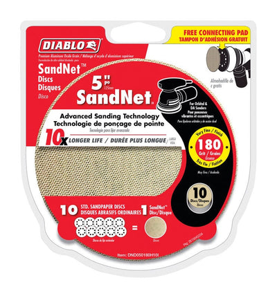Diablo SandNet 5 in. Aluminum Oxide Hook and Lock Sanding Disc 120 Grit Fine 10 pk Diablo SandNet 5 in. Aluminum Oxide Hook and Lock Sanding Disc 180 Grit Very Fine 10 pk 