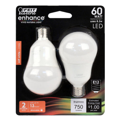 Feit Electric Enhance A15 E12 (Candelabra) LED Bulb Soft White 60 Watt Equivalence 2 pk 