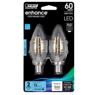 Feit Electric Enhance B10 E12 (Candelabra) Filament LED Bulb Daylight 60 Watt Equivalence 2 pk 