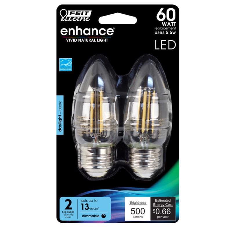 Feit Electric Enhance B10 E26 (Medium) Filament LED Bulb Daylight 60 Watt Equivalence 2 pk 