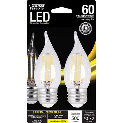Feit Electric Enhance CA10 E26 (Medium) LED Bulb Daylight 60 Watt Equivalence 2 pk Feit Electric CA10 E12 (Candelabra) LED Bulb Soft White 60 Watt Equivalence 2 pk Feit Electric CA10 E26 (Medium) LED Light Bulb Soft White 60 Watt Equivalence 2 pk 