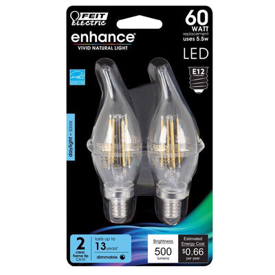 Feit Electric Enhance CA10 (Flame Tip) E12 (Candelabra) LED Bulb Daylight 60 Watt Equivalence 2 pk 