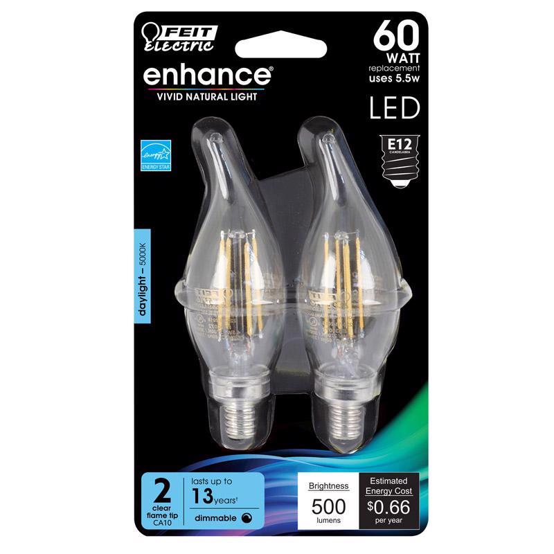Feit Electric Enhance CA10 (Flame Tip) E12 (Candelabra) LED Bulb Daylight 60 Watt Equivalence 2 pk 
