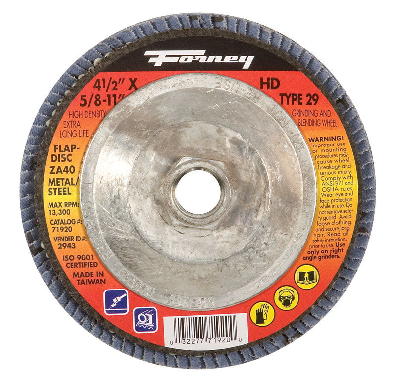 Forney 4-1/2 in. D X 5/8 in. Zirconia Aluminum Oxide Flap Disc 60 Grit 1 pc Forney 4-1/2 in. D X 5/8 in. Zirconia Aluminum Oxide Flap Disc 40 Grit 1 pc 