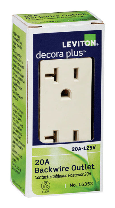 Leviton Decora Plus 20 amps 125 V Duplex White Outlet 5-20R 1 pk Leviton Decora Plus 20 amps 125 V Duplex Ivory Outlet 5-20R 1 pk Leviton Decora Plus 20 amps 125 V Duplex Light Almond Outlet 5-20R 1 pk 