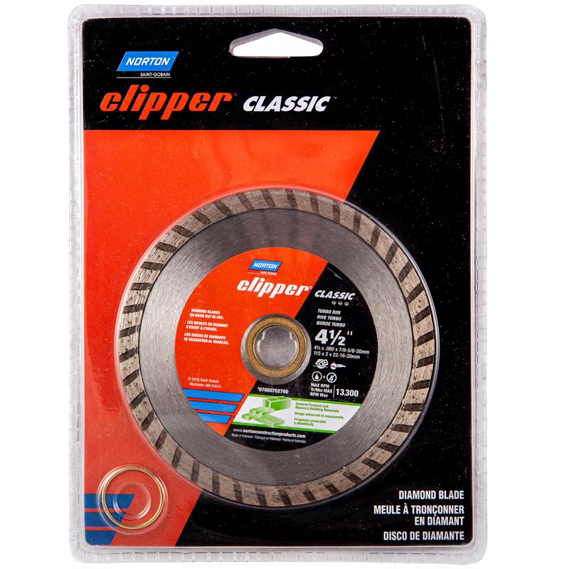Norton Clipper 4-1/2 in. D X 5/8 and 7/8 in. Diamond Continuous Rim Blade 1 pc Norton Clipper 4-1/2 in. D X 5/8 and 7/8 in. Diamond Turbo Rim Blade 1 pc 