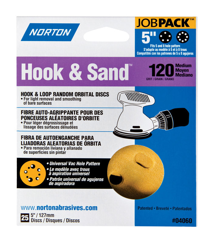 Norton Hook & Sand 5 in. Aluminum Oxide Hook and Loop A290 Sanding Disc 100 Grit Medium 25 pk Norton Hook & Sand 5 in. Aluminum Oxide Hook and Loop A290 Sanding Disc 120 Grit Medium 25 pk 