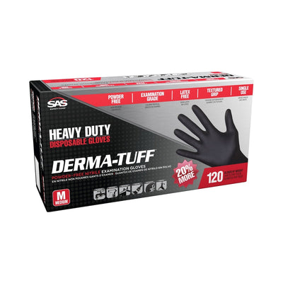 SAS Safety Derma-Tuff Nitrile Disposable Gloves X-Large Black Powder Free 120 pk SAS Safety Derma-Tuff Nitrile Disposable Gloves Large Black Powder Free 120 pk SAS Safety Derma-Tuff Nitrile Disposable Gloves Medium Black Powder Free 120 pk 