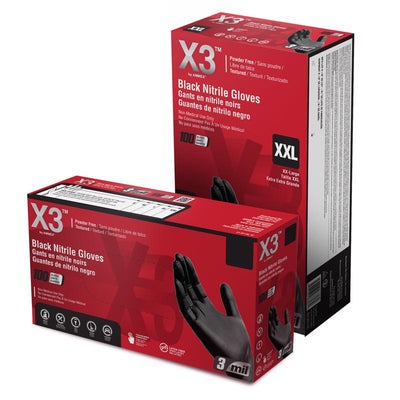 X3 Nitrile Disposable Gloves X-Large Black Powder Free 100 pk 