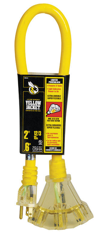 Yellow Jacket Outdoor 2 ft. L Yellow Triple Outlet Cord 12/3 SJTW 
